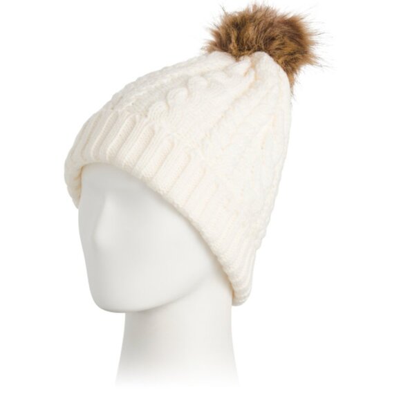 NEW TIMBERLAND Cable Knit Beanie With Pom And Ribbed Cuff Cream 161mn - Picture 1 of 4